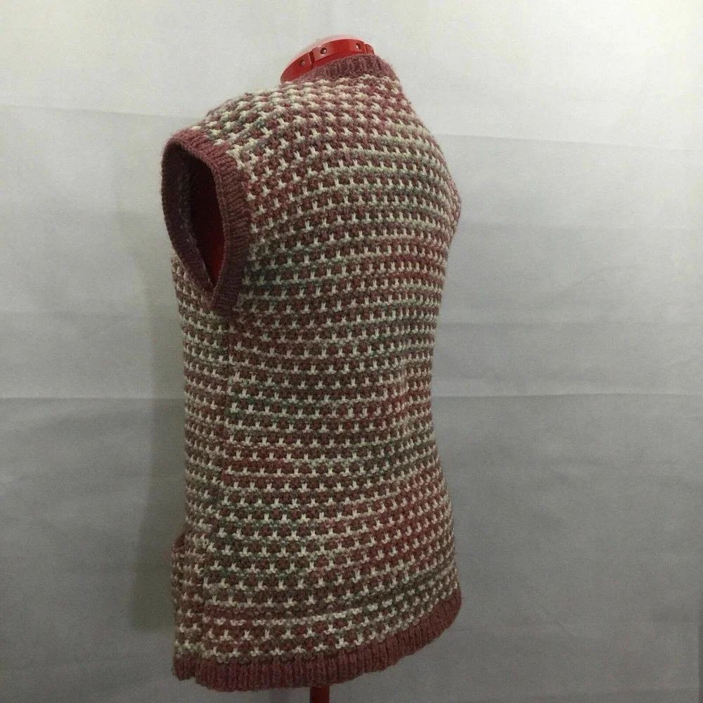 Handmade Open Front Vest Pink White Chunky Knit Sleeveless Cardigan Women Sz S